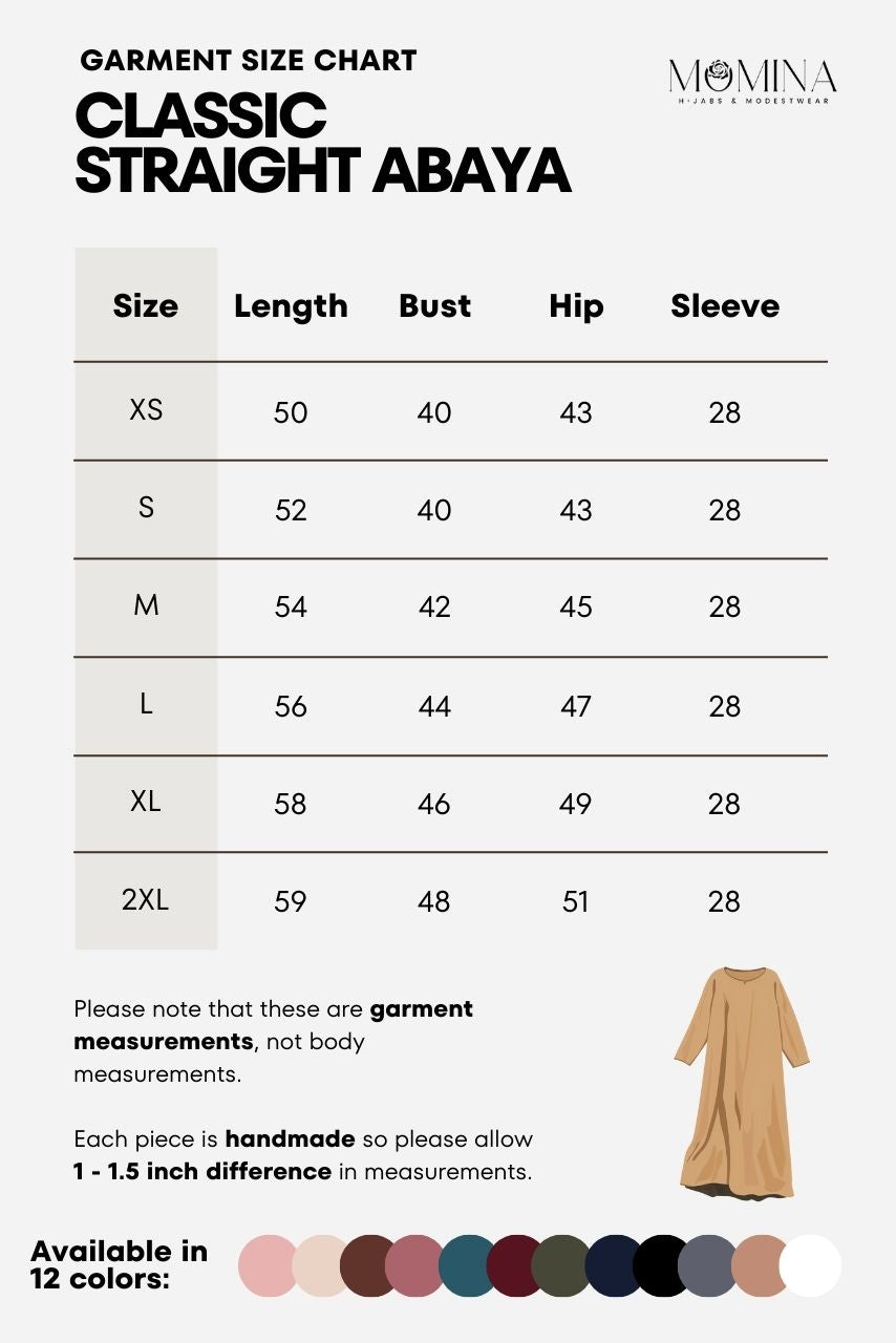 Classic Straight Abaya Maryam size chart with measurements, brown abaya illustration, available in 12 colors.