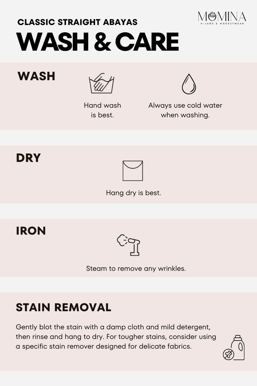 Classic Straight Abaya care guide: hand wash cold, hang dry, steam iron. Gentle stain removal instructions included.