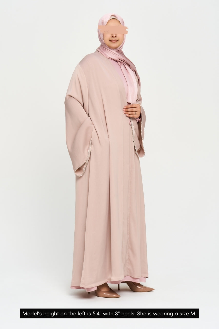 Nura Satin Open Front Abaya - Sandstone