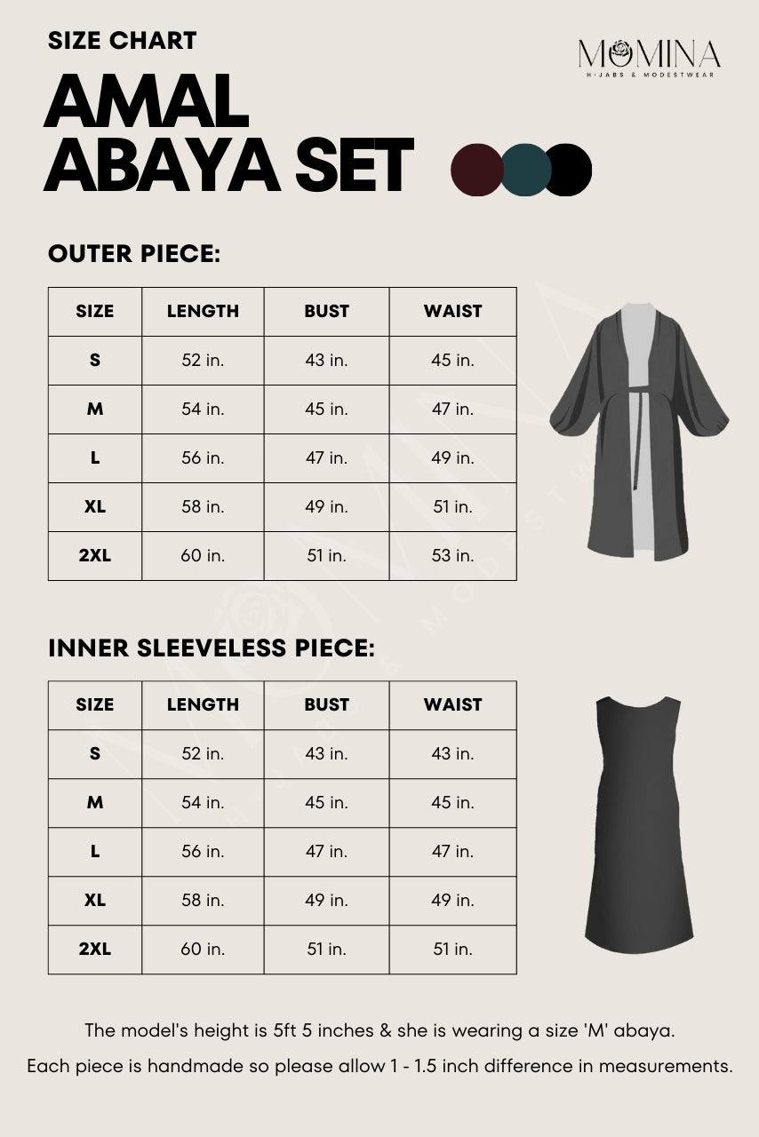 Amal Abaya Set carnation size chart with measurements for outer open-front abaya and inner sleeveless dress, illustrated in d
