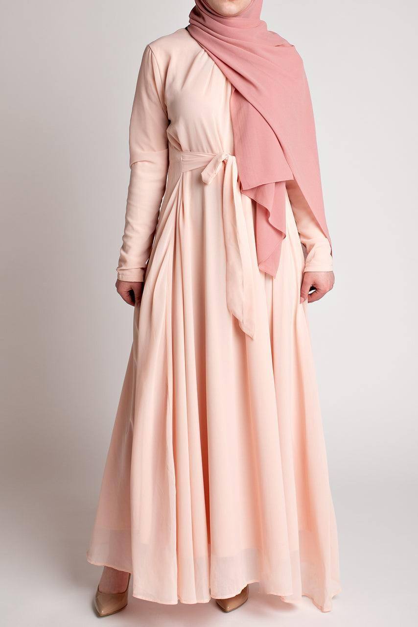 Belted Chiffon Maxi Dress Blush Pink Momina Hijabs M 58