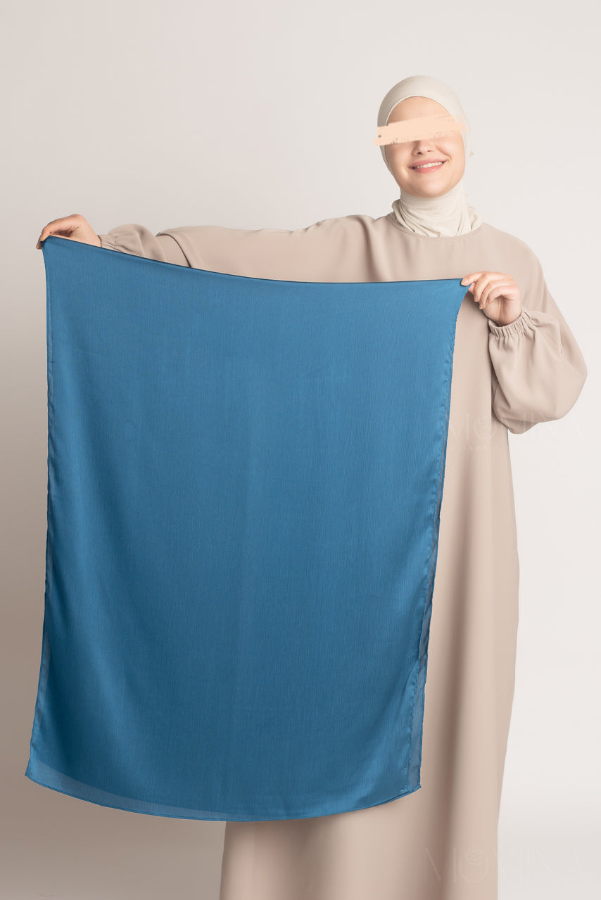 Hijab Froissé en Satin de Soie - Bleu Chrome