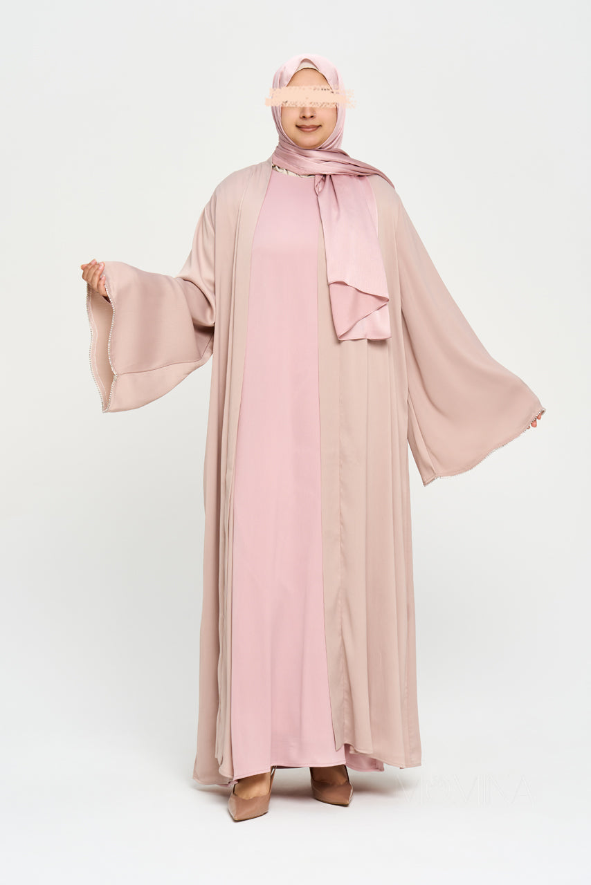 Nura Satin Open Front Abaya - Sandstone