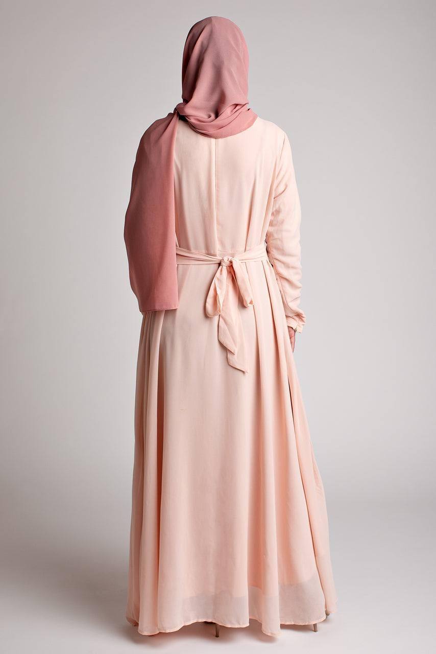 Belted Chiffon Maxi Dress - Blush Pink - Momina Modestwear