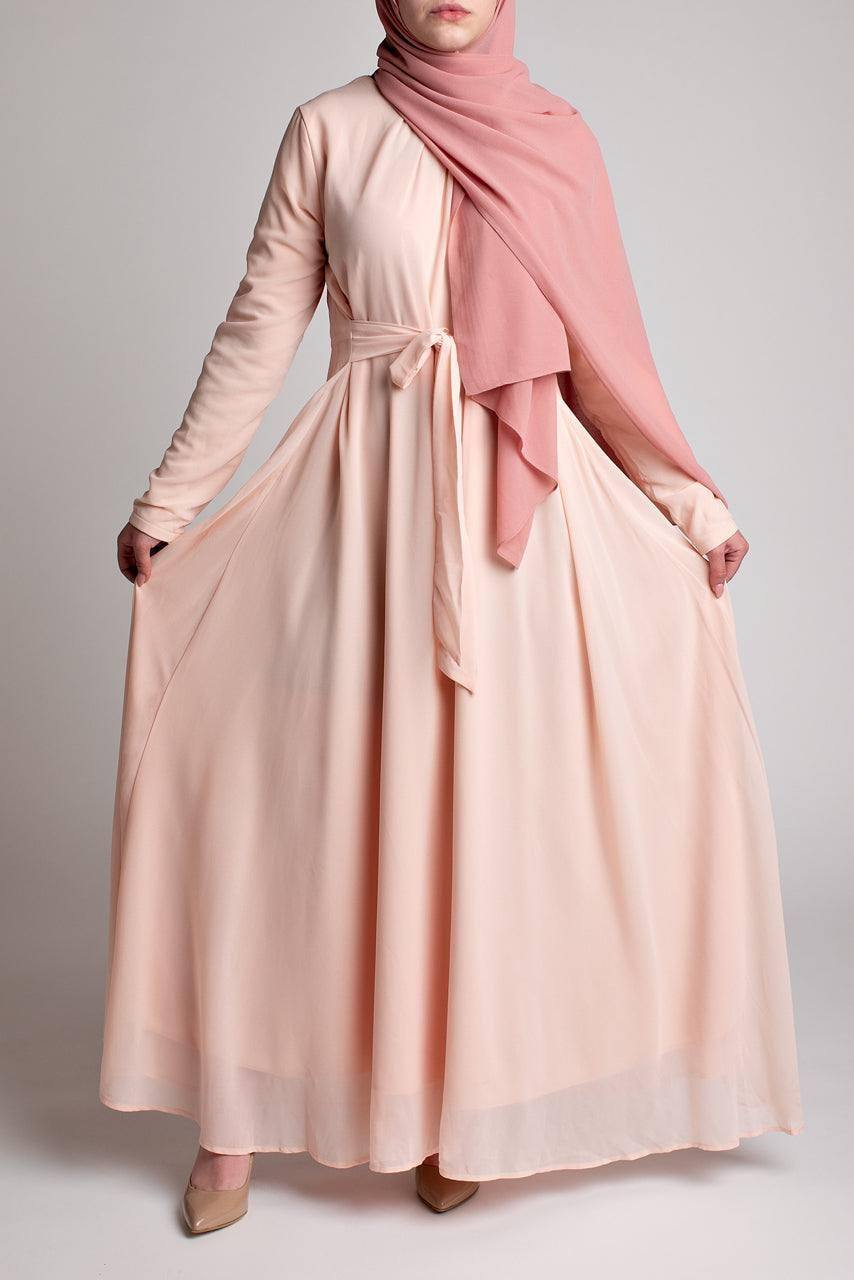 Belted Chiffon Maxi Dress - Blush Pink - Momina Modestwear