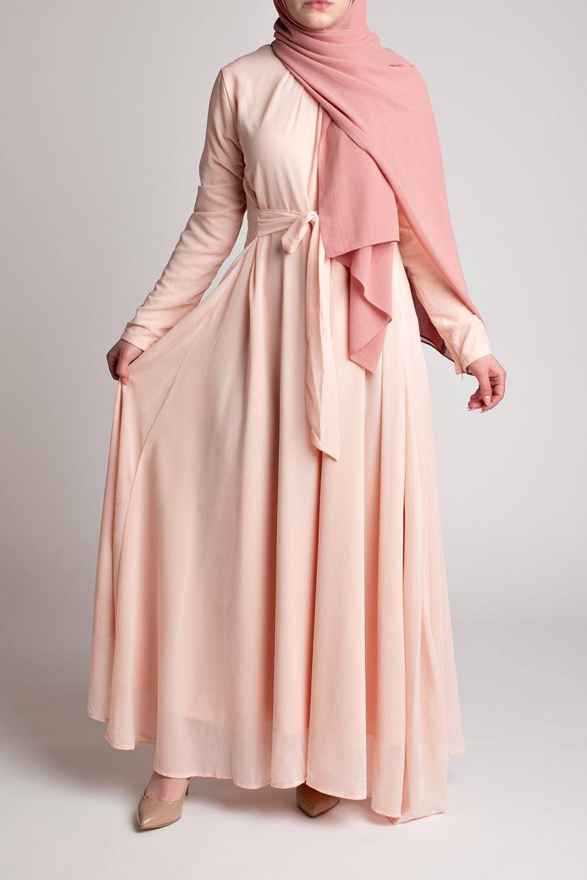 Belted Chiffon Maxi Dress - Blush Pink - Momina Modestwear