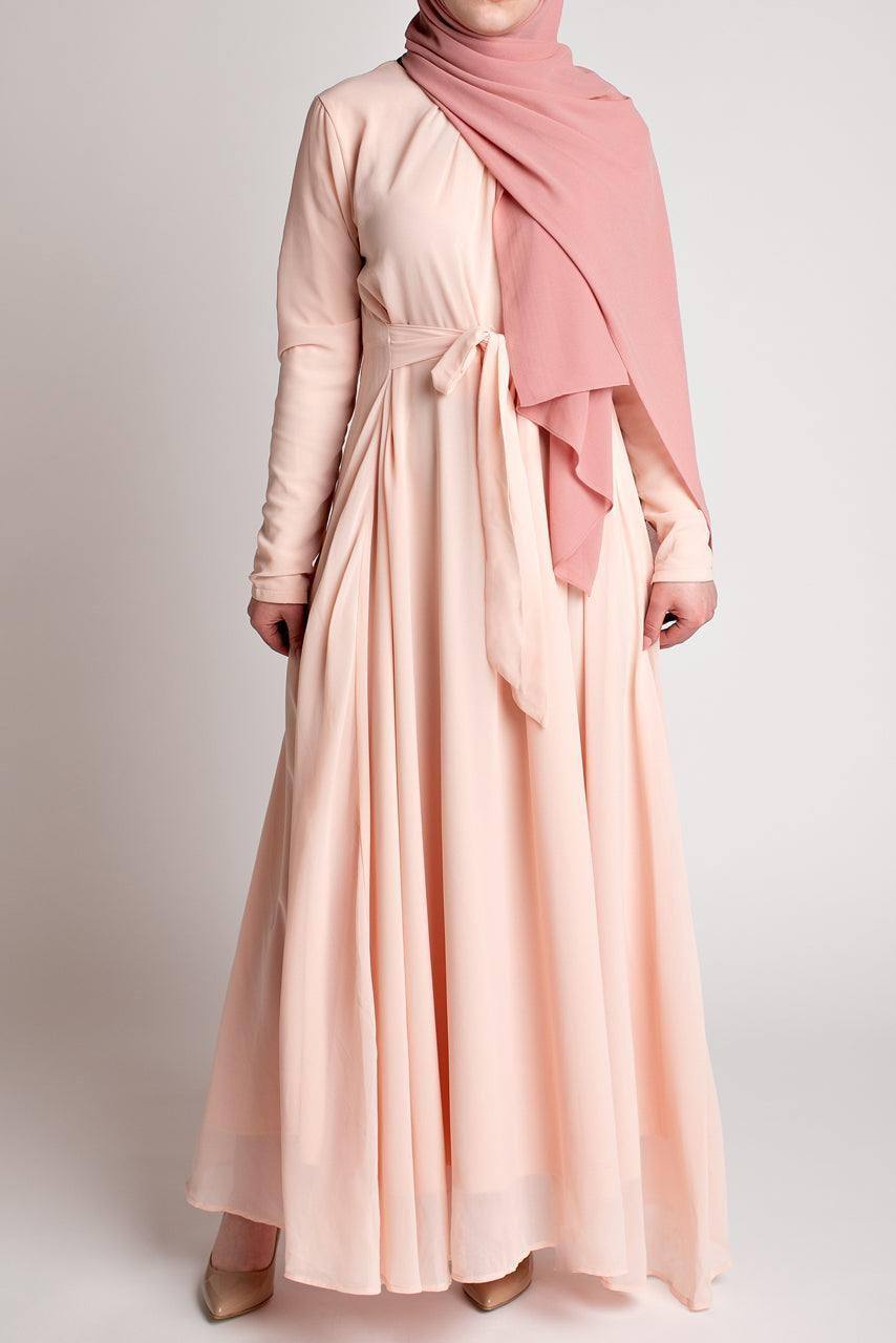 Belted Chiffon Maxi Dress - Blush Pink - Momina Modestwear