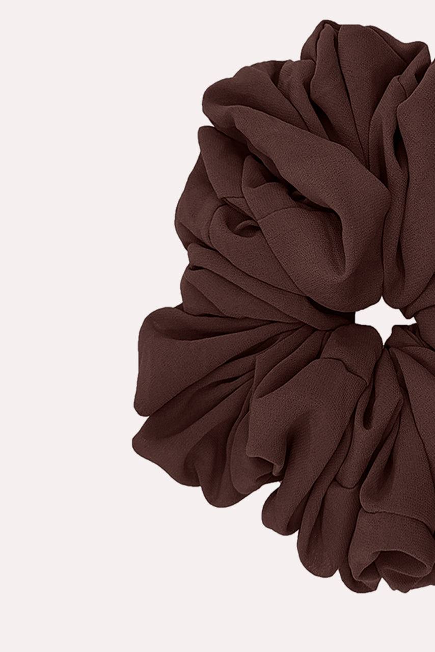 Close up of Dark Chocolate Chiffon Hijab Scrunchie by Momina Hijabs