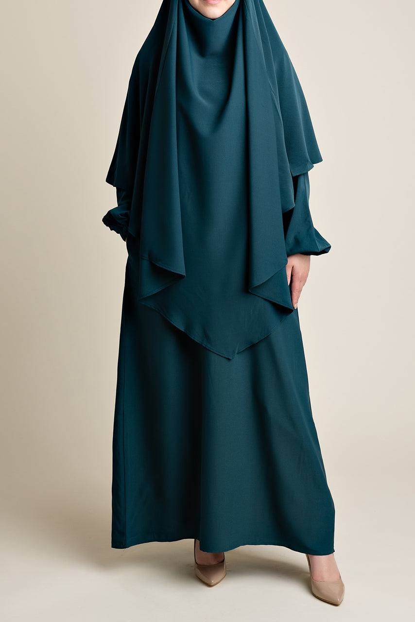 Matching abaya and khimar set in a teal green color