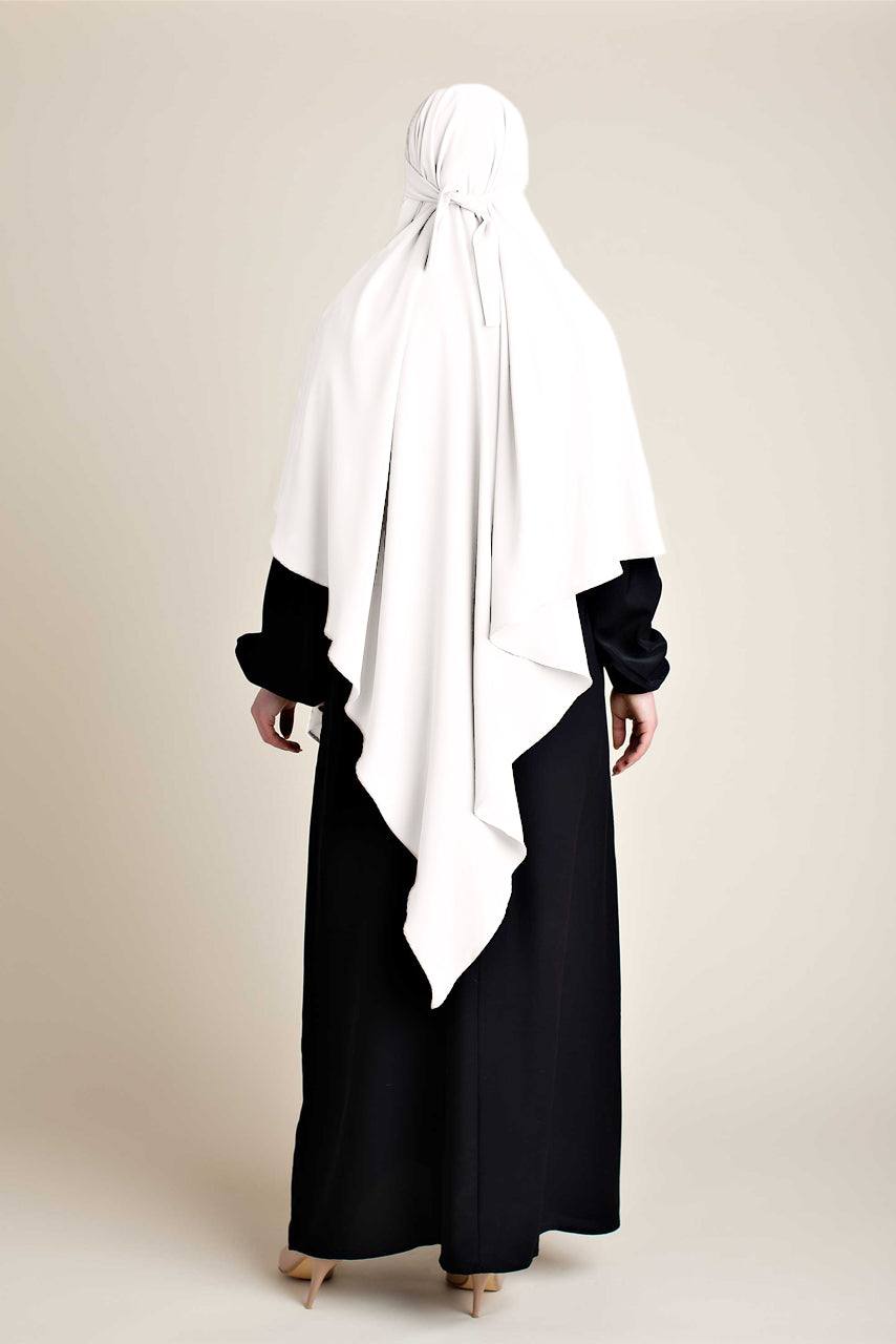 Full coverage Khimar in white color with adjustable tie-back headbands - Rear view - Momina Hijabs