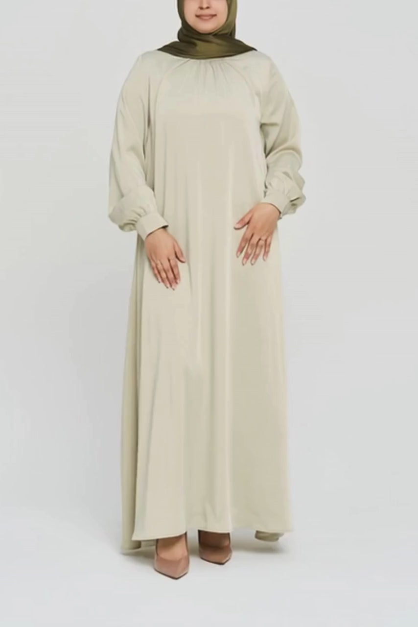Lina Satin Flare Dress in Misty Sage by Momina Hijabs